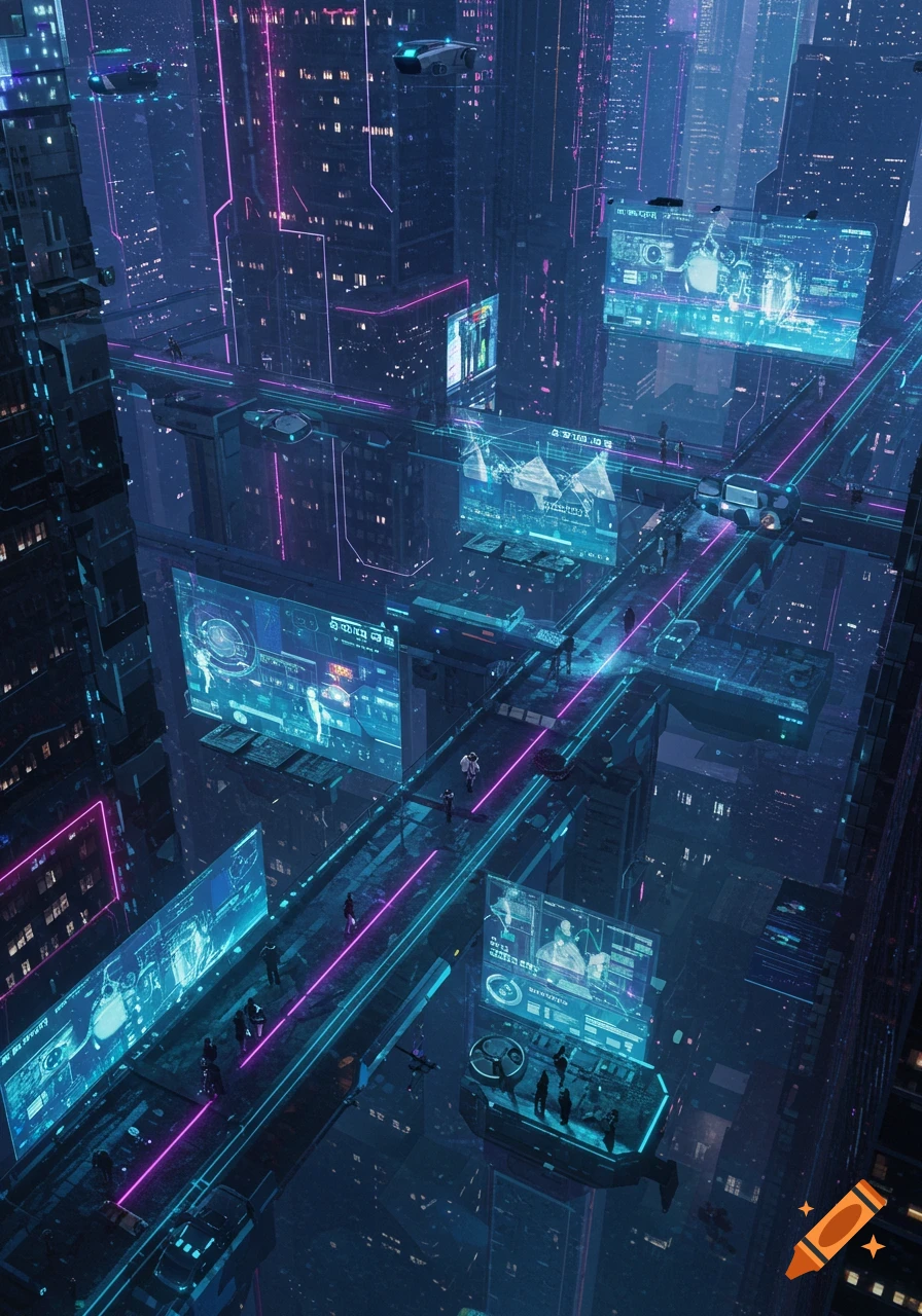 An aerial view of a futuristic cyberpunk city at night, with towering skyscrapers, neon lights, and glowing holographic displays showing data and people.