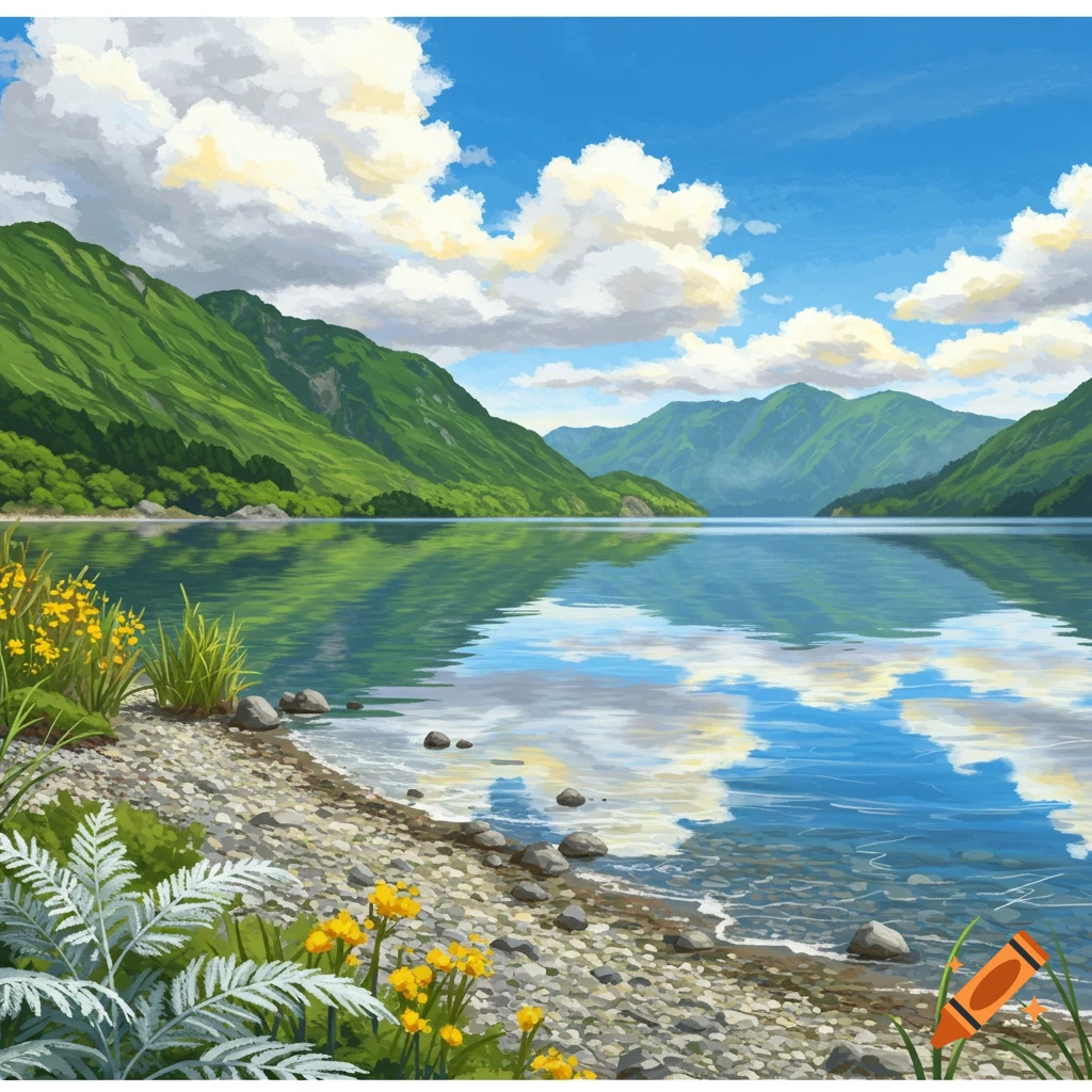Vibrant anime-style landscape of a tranquil lake reflecting a blue sky and clouds, surrounded by green mountains, with a rocky shore and yellow flowers.