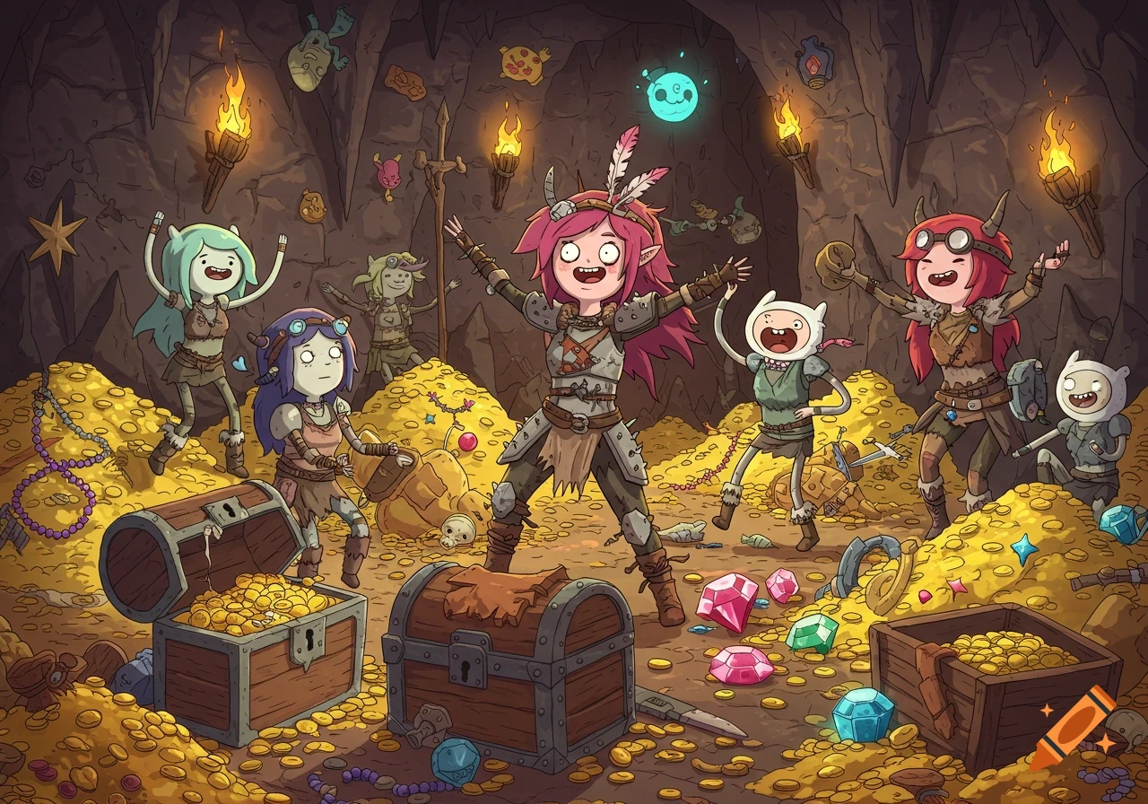 Adventure Time style cartoon raiders celebrating in a dungeon treasure room filled with gold and gems.