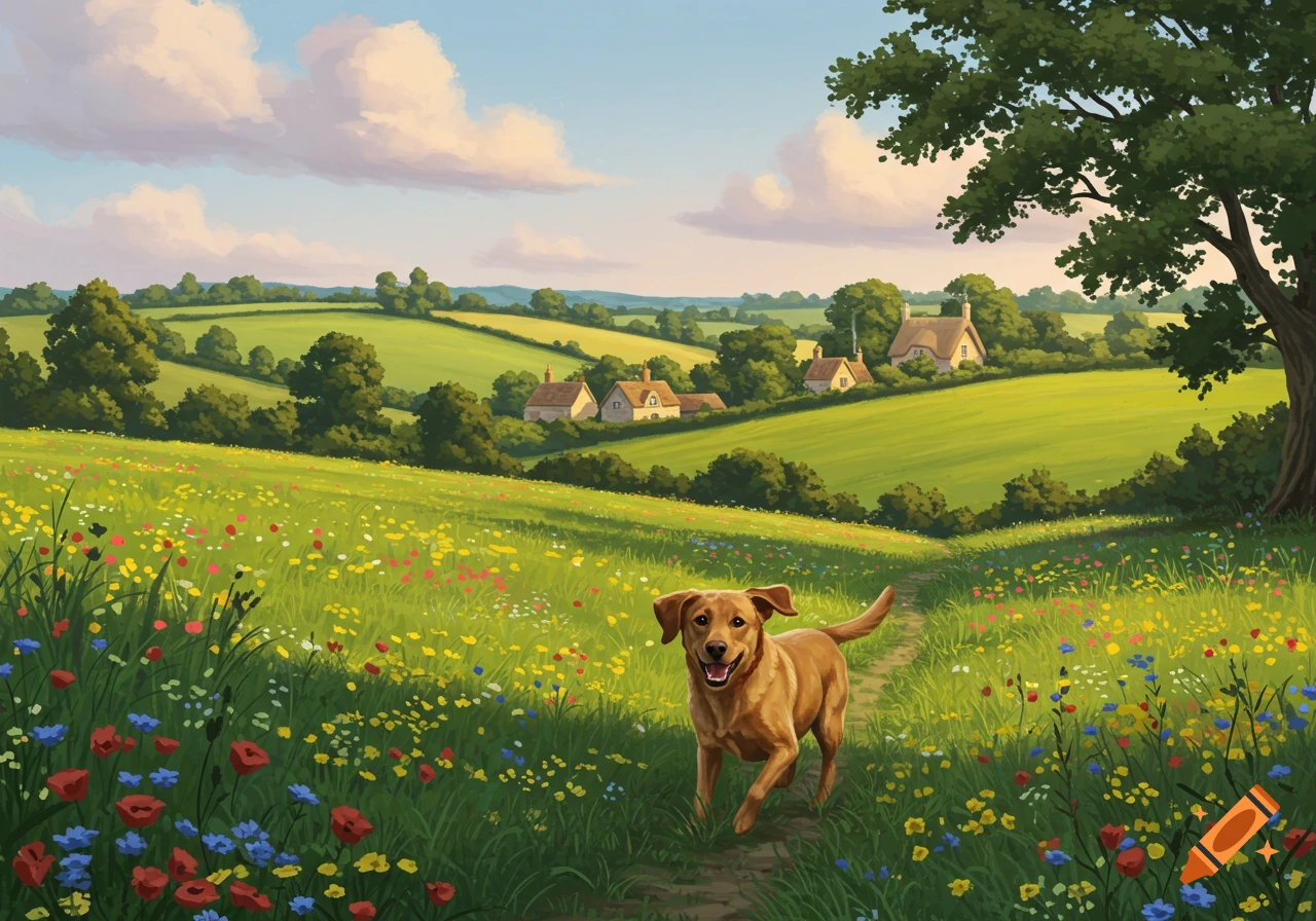 A happy brown dog runs through a vibrant field of wildflowers with green hills, cottages, and a large tree in an illustrative style.