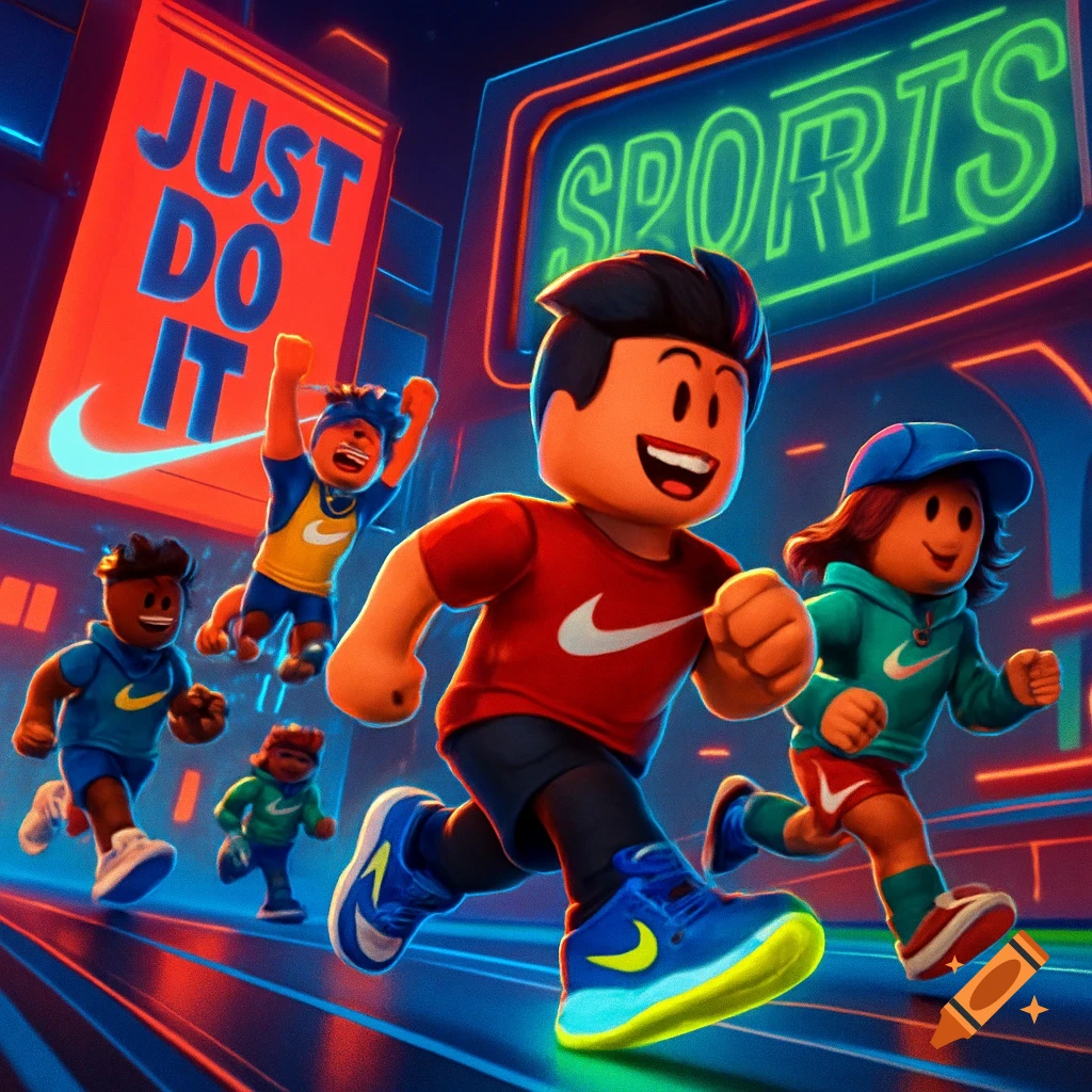 Vibrant digital art shows diverse Roblox-style characters running and cheering in a neon-lit city street with 'JUST DO IT' and 'SPORTS' signs.