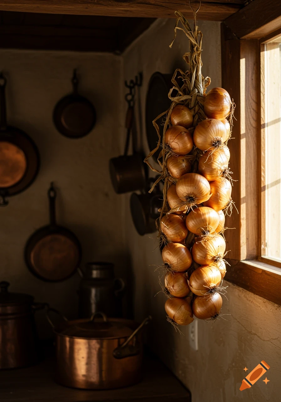 A rustic kitchen with a braid of golden onions hanging near a sunlit window, surrounded by dark copper pots and pans.