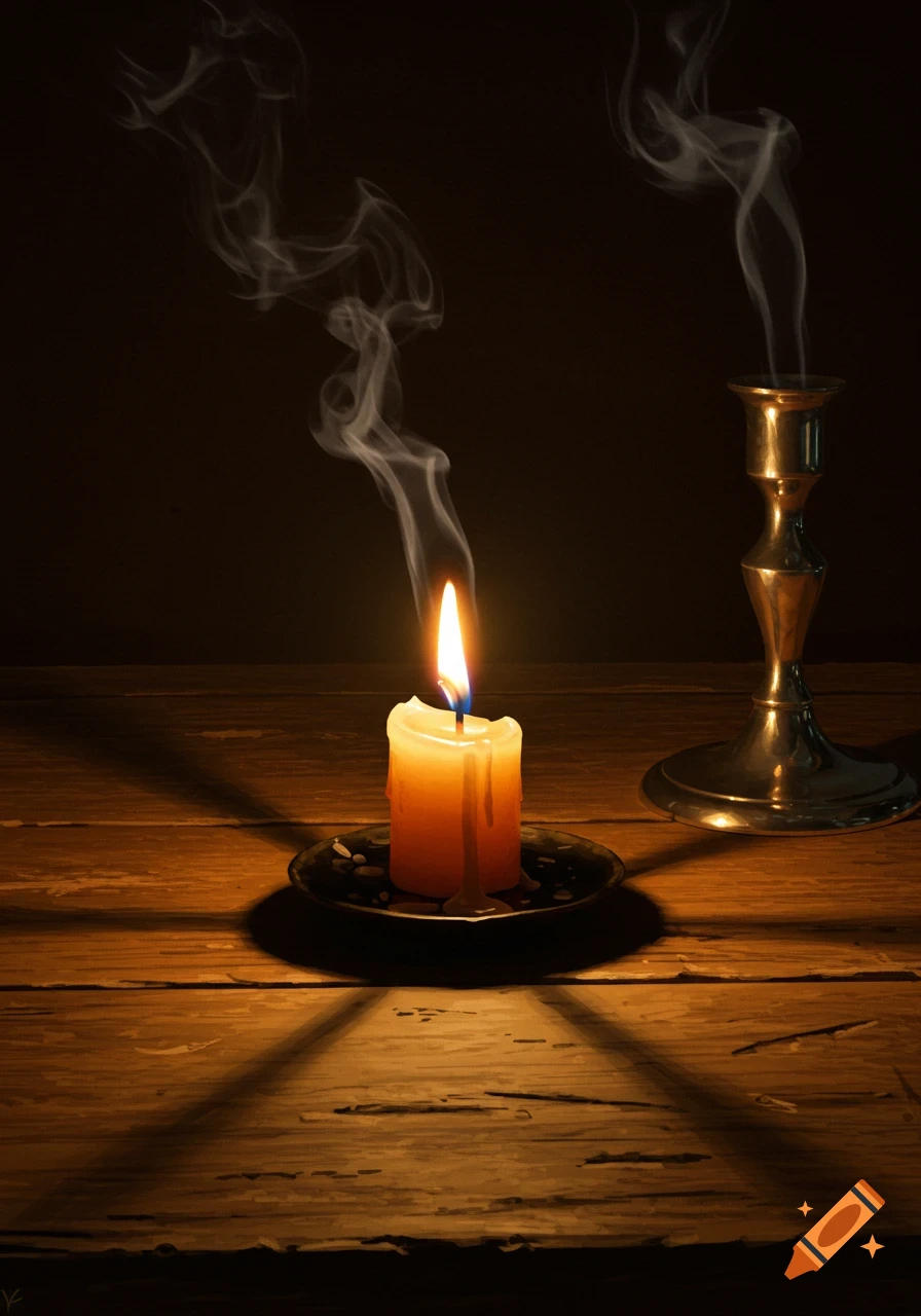A photorealistic lit candle on a dark wooden table, next to a brass candleholder, with smoke rising and casting shadows.