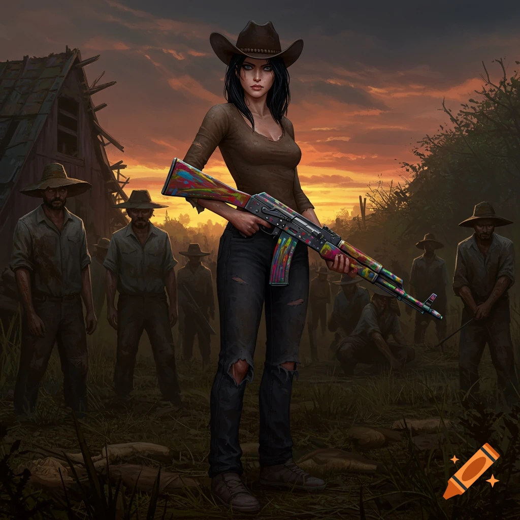 A woman in a cowboy hat and ripped jeans holds a multicolored rifle, facing farmers on a ruined farm at sunset. DnD art style.