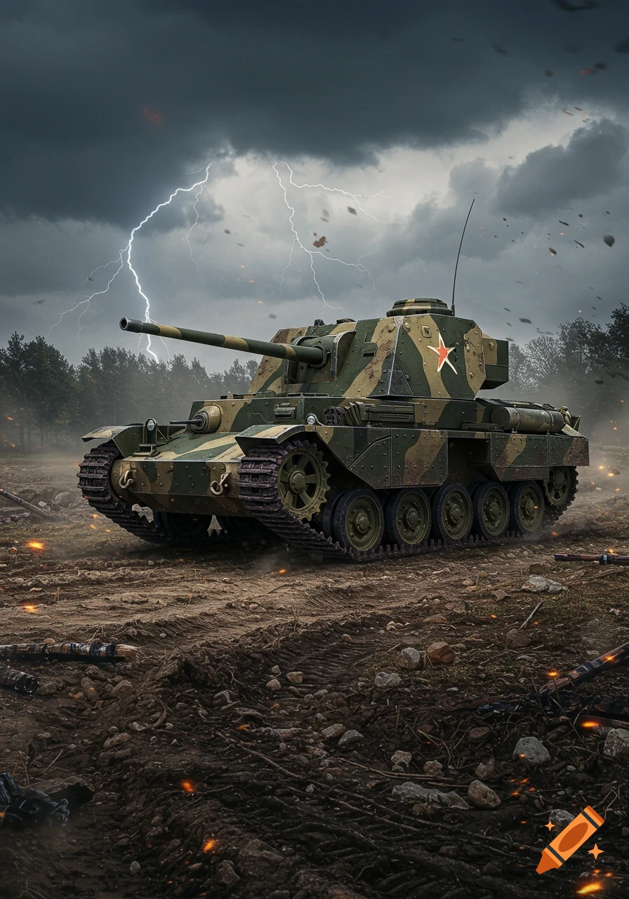 A photorealistic camouflage tank (self-propelled gun) on a muddy battlefield under a stormy sky with lightning.