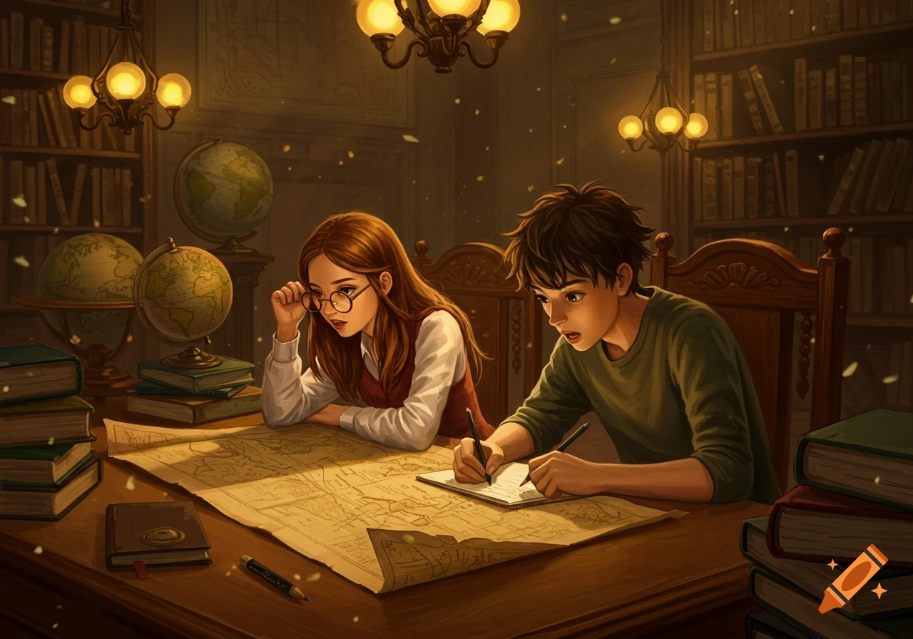 Two students, a boy and a girl, study a large map at a candlelit table in a library, surrounded by books and globes in an illustrative style.