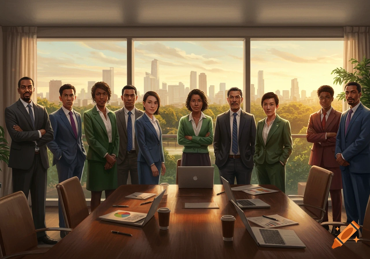 A diverse group of professionals poses in a modern office boardroom with a city skyline view.
