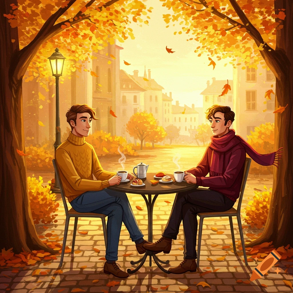 An illustration of two men drinking coffee at an outdoor cafe, surrounded by golden autumn trees with falling leaves.