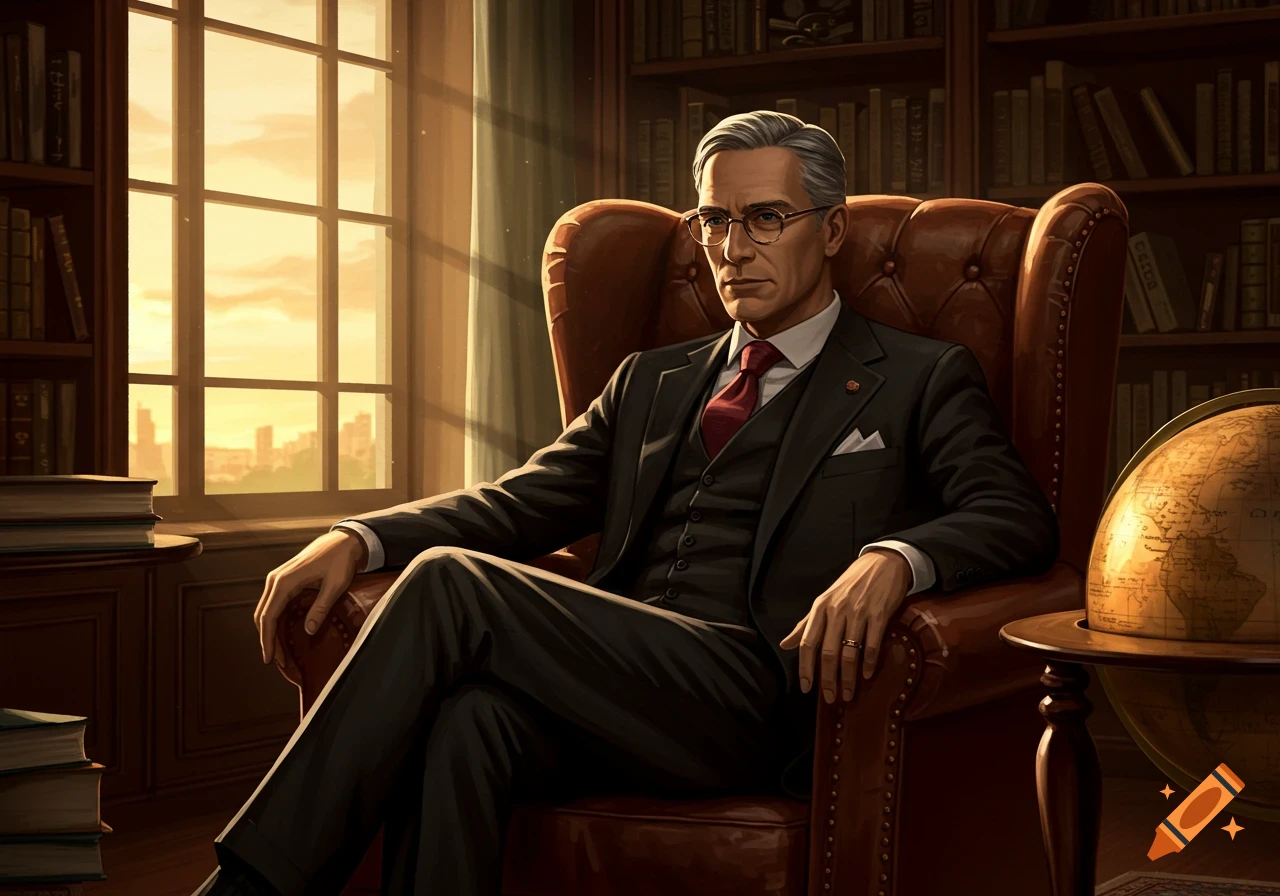 A distinguished man with grey hair and glasses, wearing a suit, sits in a leather armchair in a library, bathed in golden window light.