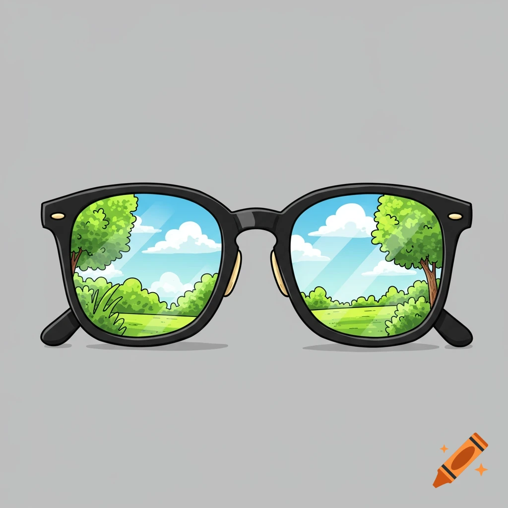 A vibrant cartoon illustration of black glasses reflecting a sunny green landscape against a gray background.