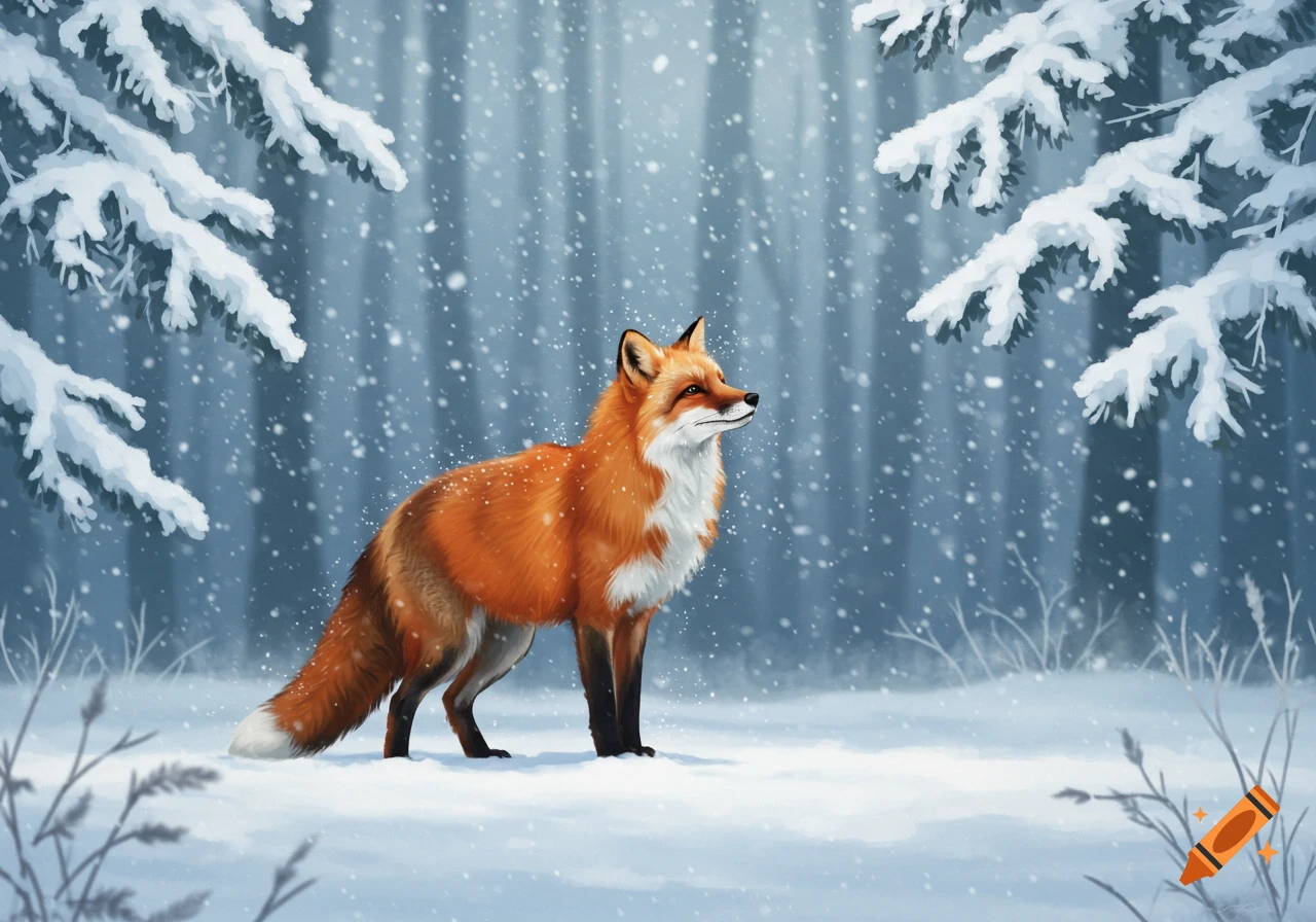 An illustrated red fox stands in a snowy winter forest with light falling snow.