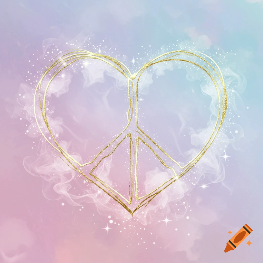 Golden glitter peace symbol shaped like a heart, surrounded by sparkles and soft smoke on a pastel pink and blue background.