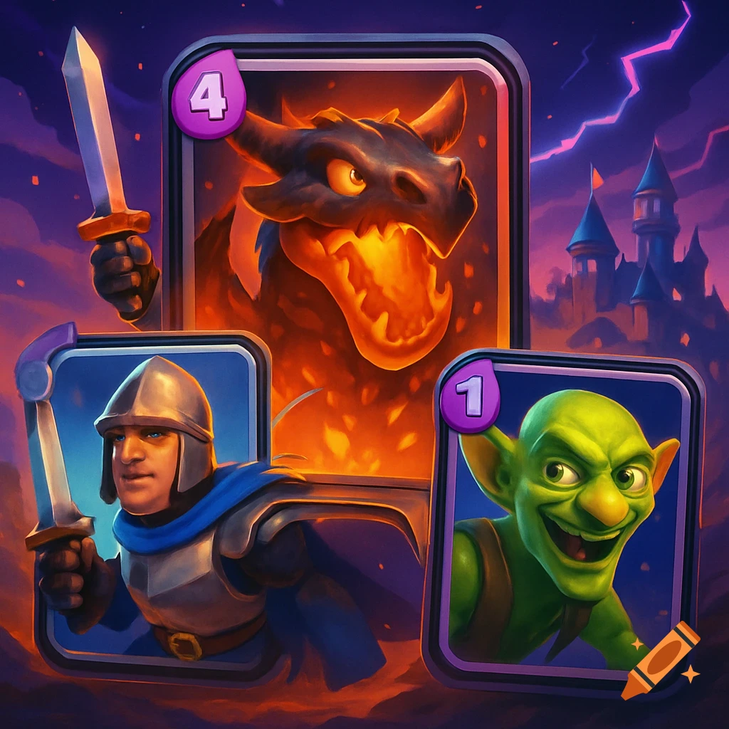 Three vibrant cartoon fantasy cards: a roaring dragon, a knight with a sword, and a grinning goblin, against a castle backdrop.