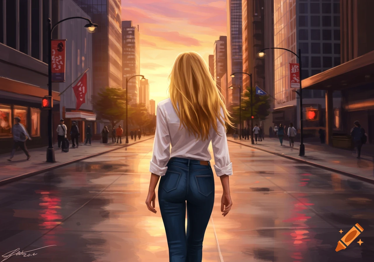 Blonde woman in white shirt and jeans walks away from viewer down a wet city street at sunset, digital art.