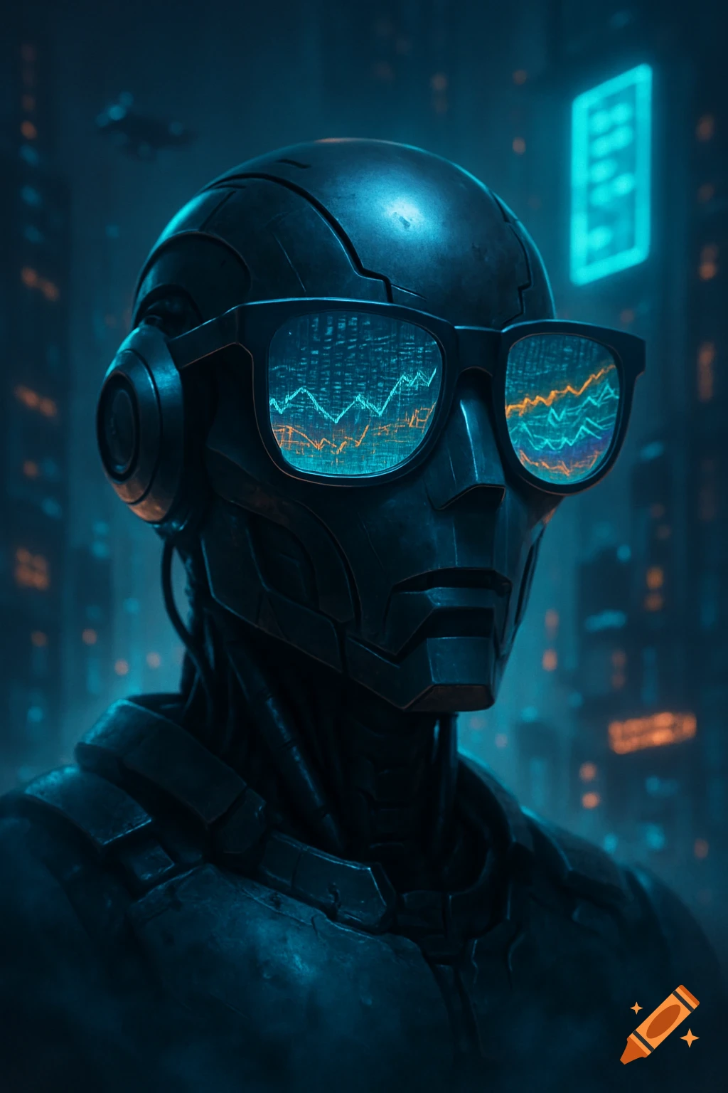 Close-up of a dark metallic robot head wearing sunglasses reflecting blue and orange data charts, set against a blurred cyberpunk city.