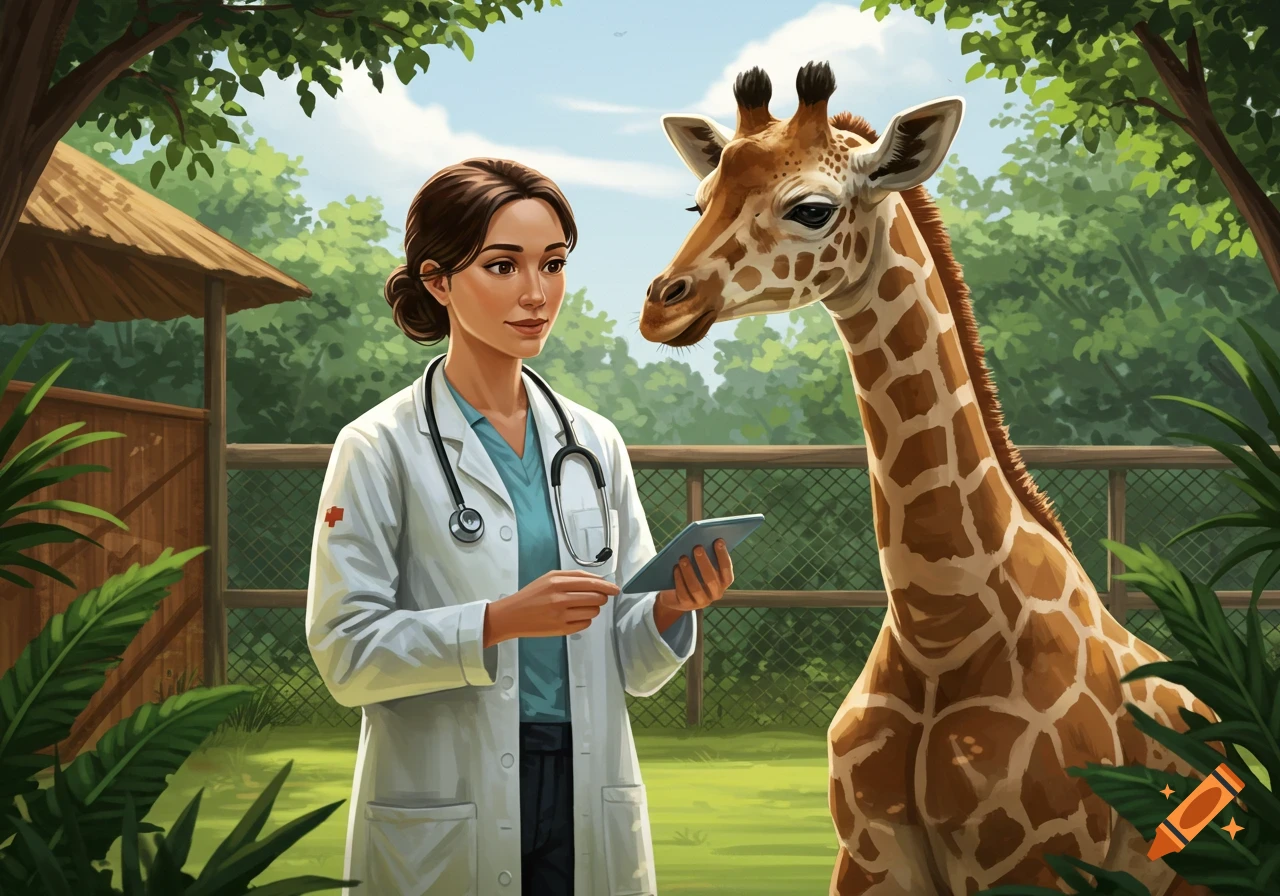 A female veterinarian in a white lab coat holds a tablet, looking at a giraffe in a lush green zoo enclosure.
