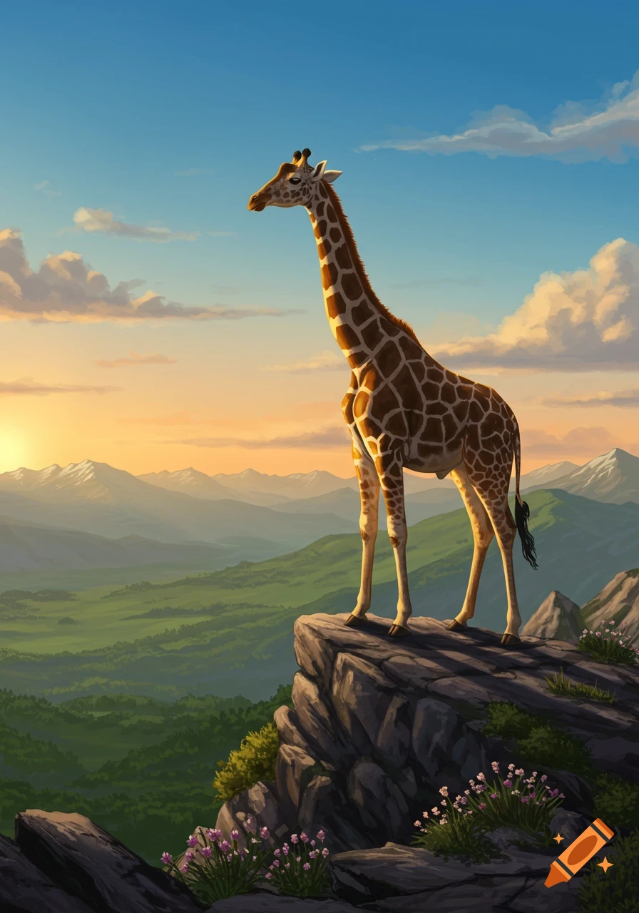 An illustrated giraffe stands majestically on a rocky mountain cliff overlooking a green valley and snow-capped peaks at sunset.