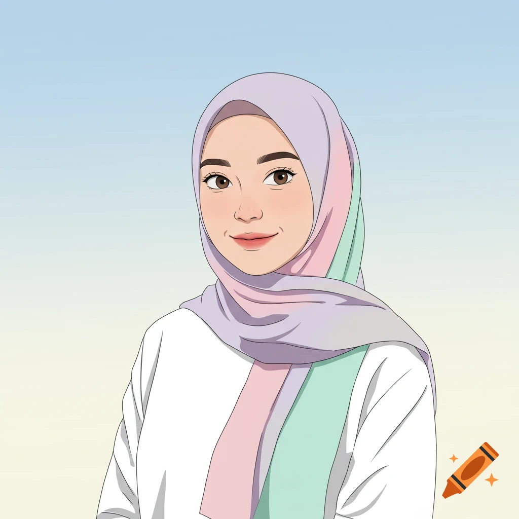 Cartoon portrait of a young woman with a warm smile, wearing a pastel multi-colored hijab and a white blouse.
