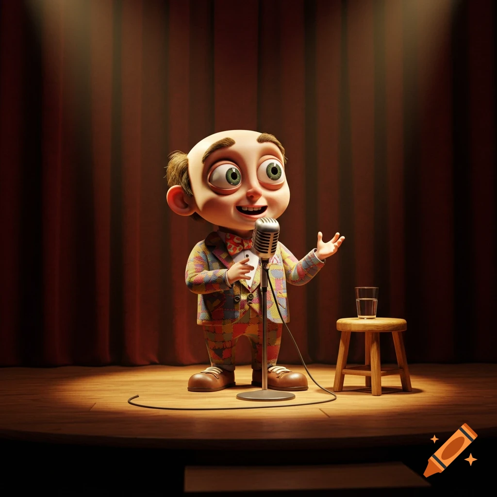 A bald, bug-eyed cartoon character in a patchwork suit performs stand-up comedy on a spotlighted stage, next to a stool with a glass of water.