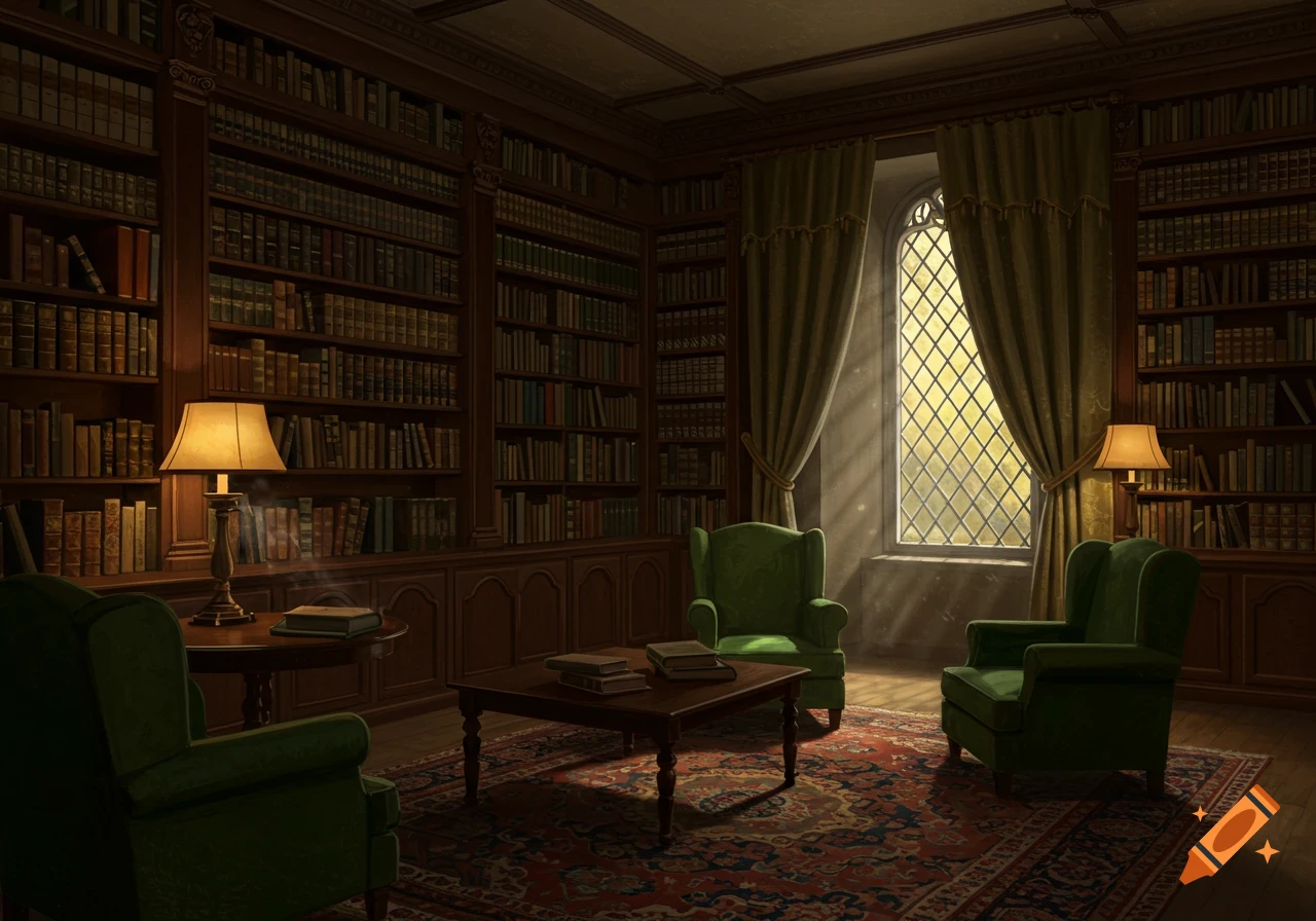 A dimly lit, stately library room with tall bookshelves, green armchairs, warm lamps, and sunlight streaming through a large window.