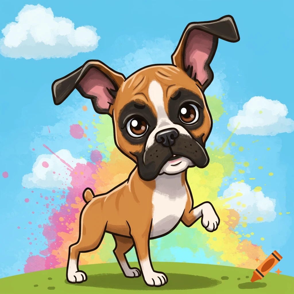 A cartoon boxer dog stands on green grass under a blue sky with white clouds and colorful paint splatters.