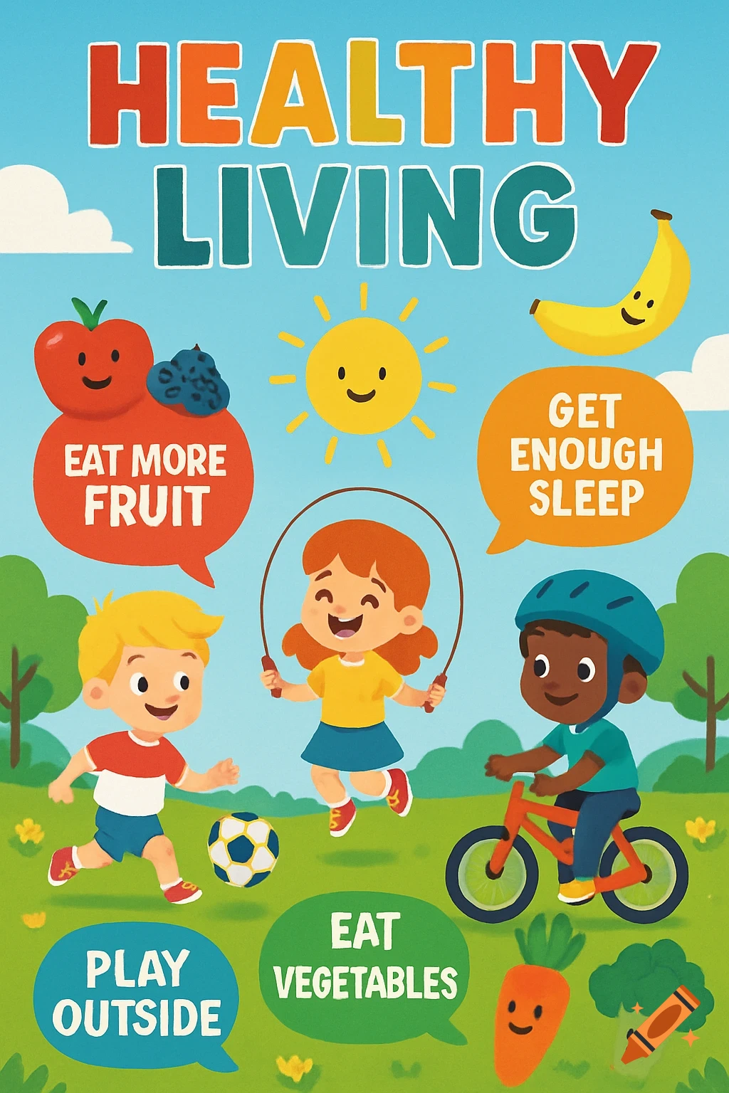 Cartoon poster promoting healthy living for children, with text bubbles encouraging eating fruit and vegetables, playing outside, and getting sleep.
