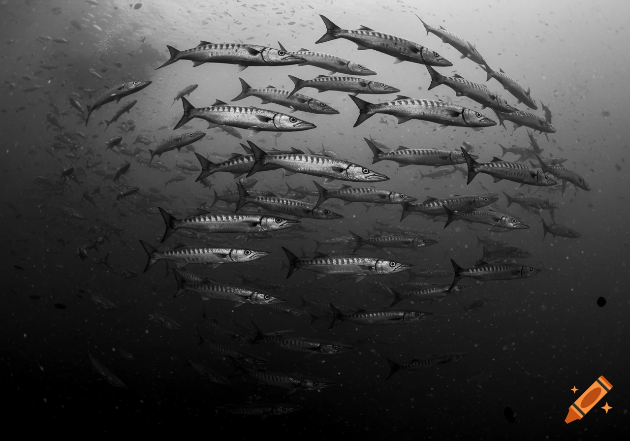 A dense school of barracudas swimming in the gloomy deep sea, captured in a black and white photorealistic style.