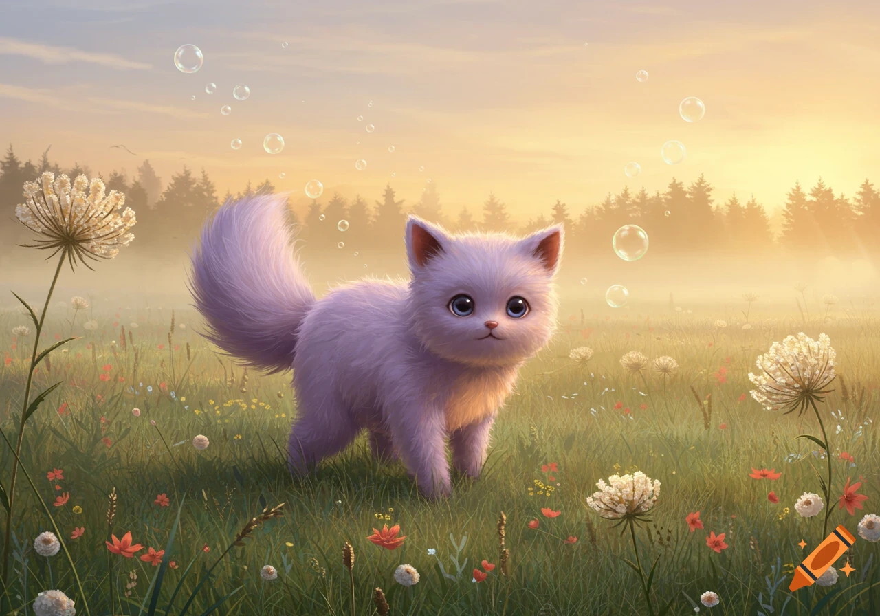 A fluffy purple kitten-like creature stands in a sun-drenched meadow with wildflowers and floating bubbles.