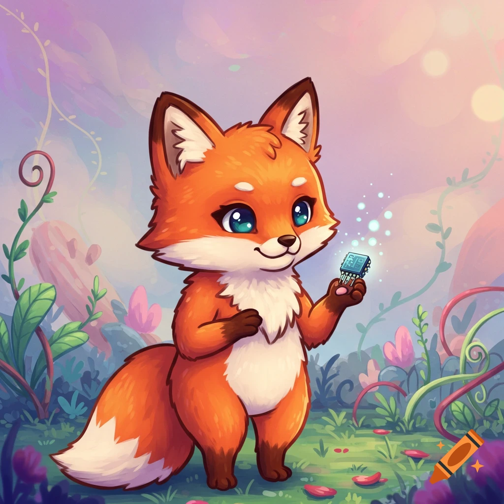 A cute, orange-and-white cartoon fox with blue eyes stands in a whimsical forest, holding a glowing microchip.