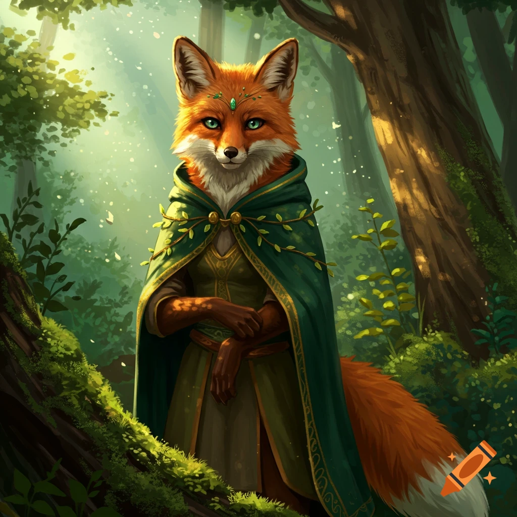 A mystical anthropomorphic fox woman in a green cloak adorned with leaves stands in a sun-dappled forest, fantasy art.