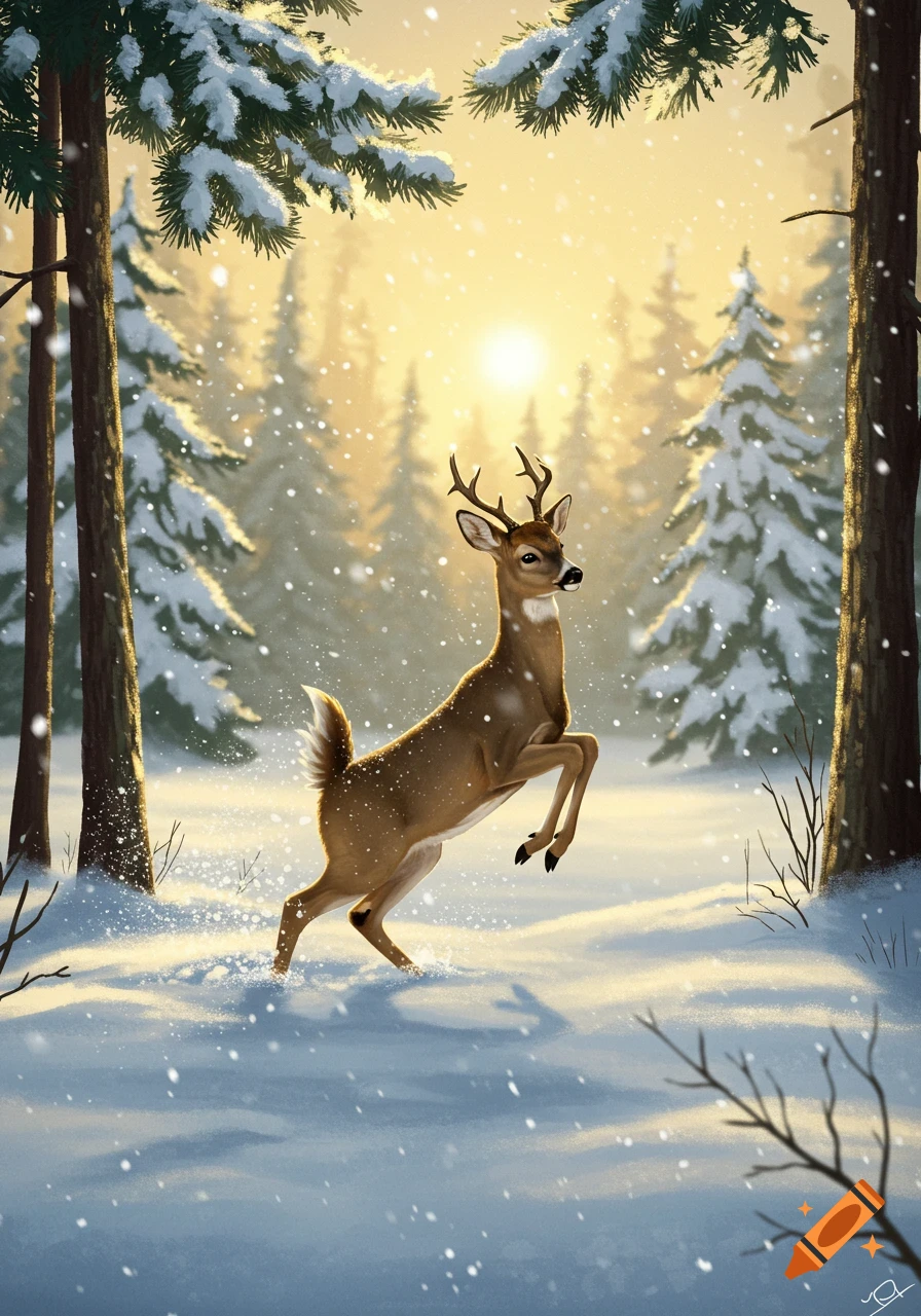 A brown deer with antlers playfully leaps in a snowy forest, bathed in golden sunlight and falling snow.