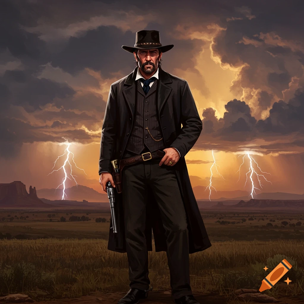 Dutch van der Linde, a solemn cowboy in black, stands in a stormy desert with lightning.