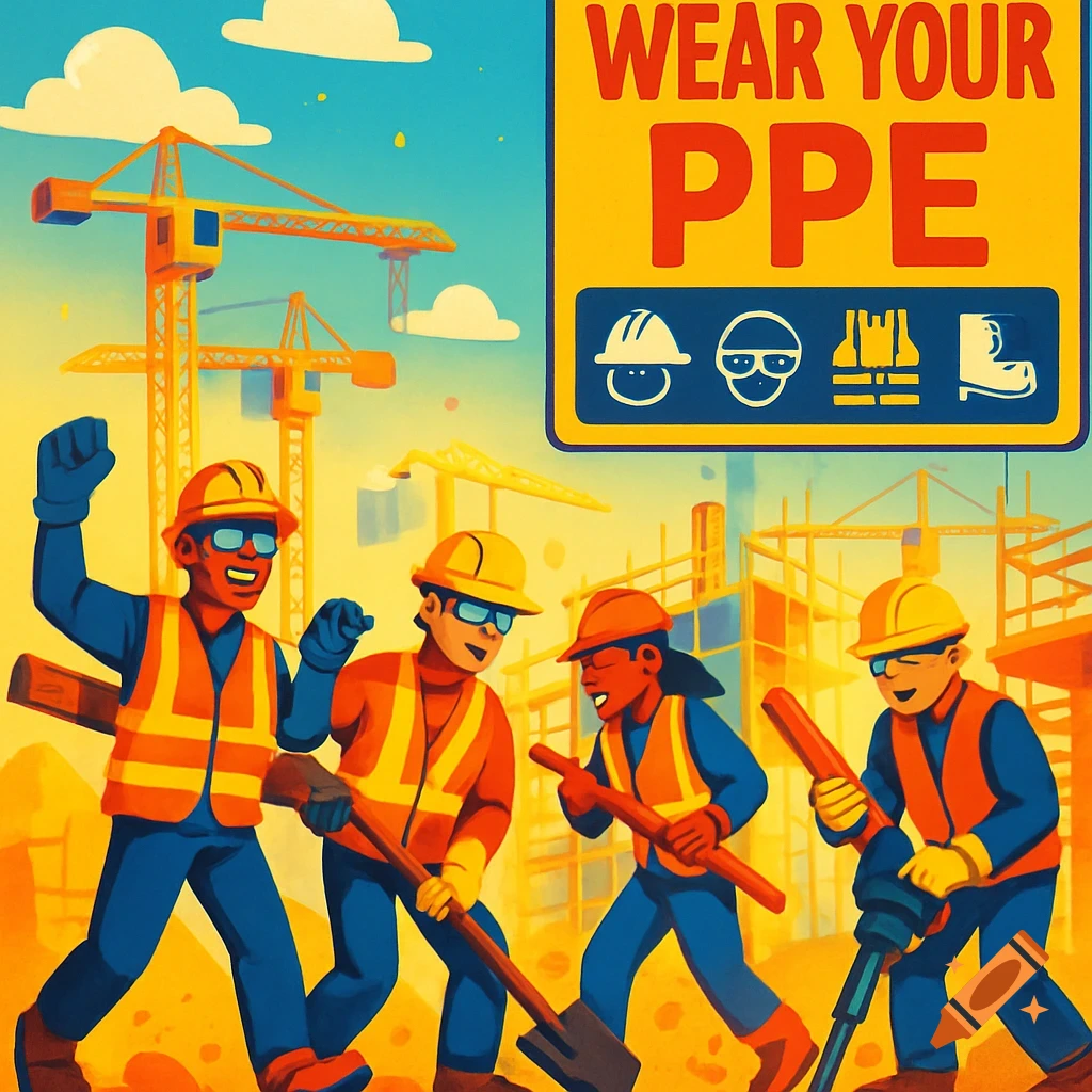 An illustration of smiling construction workers on a site, with a safety sign that reads 'WEAR YOUR PPE' and icons of safety gear.