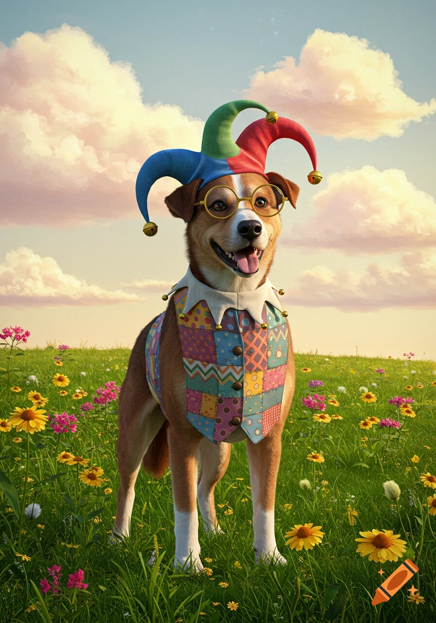 A dog dressed as a jester, wearing a colorful hat, patchwork vest, and round glasses, standing in a field of wildflowers.