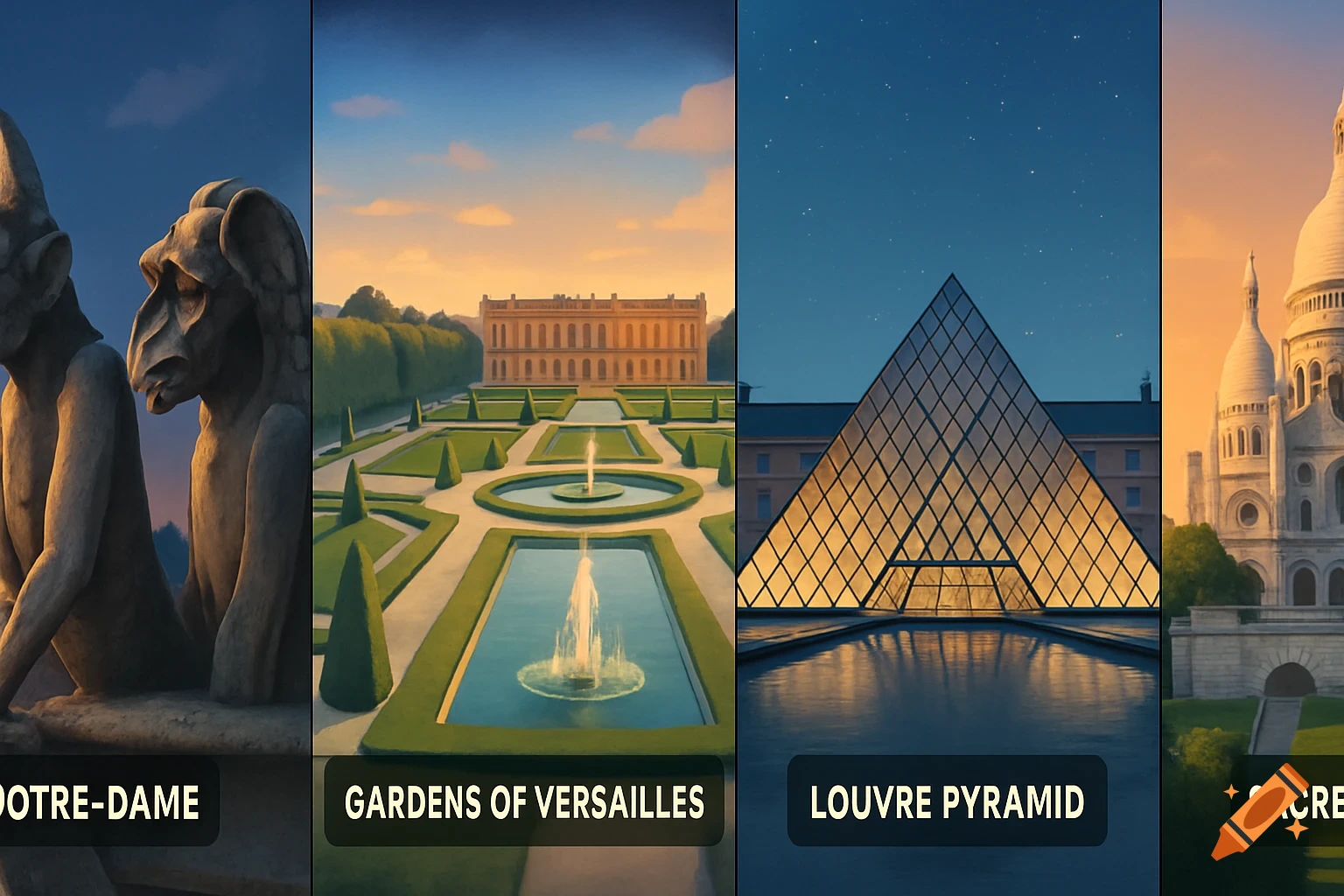 A four-panel image of famous Parisian landmarks: gargoyles, the Gardens of Versailles, the Louvre Pyramid, and Sacré-Cœur Basilica, in a stylized graphic art style.