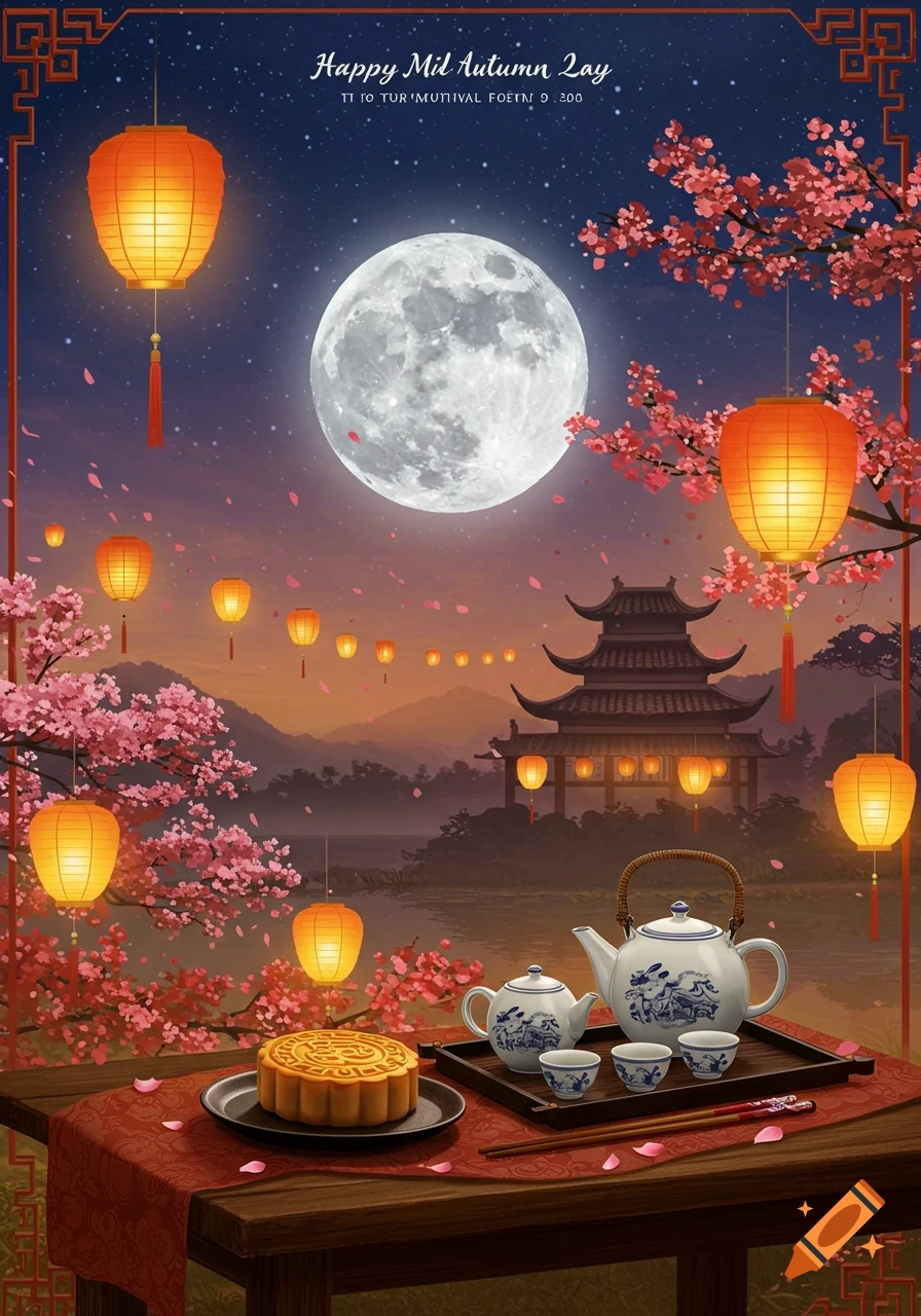 A vibrant illustration of a full moon over a traditional building with lanterns, cherry blossoms, a mooncake, and a tea set on a table at night.