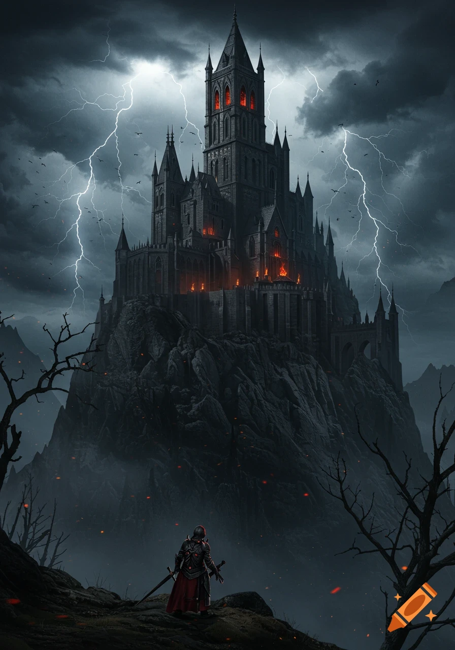 A lone knight stands before a massive, dark castle with glowing red windows, perched atop a rocky peak under a stormy sky with lightning.