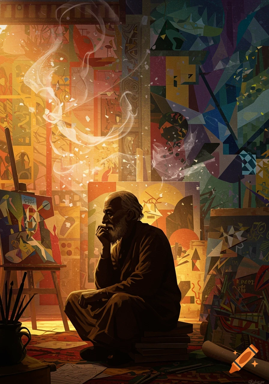 A contemplative old artist with a beard sits in a vibrant, abstract studio, surrounded by cubist-style paintings and glowing patterns.
