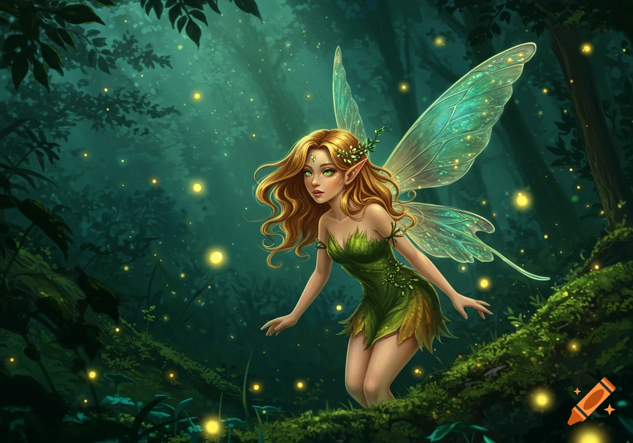Blond fairy with green eyes and clear wings in a dark, enchanted forest with glowing lights, digital art.