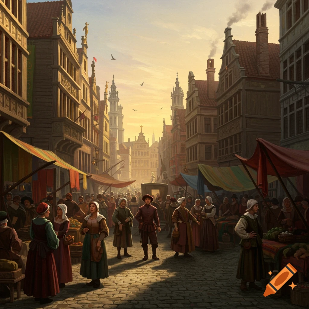 A bustling medieval European market street at sunset with people, stalls, and gabled buildings.