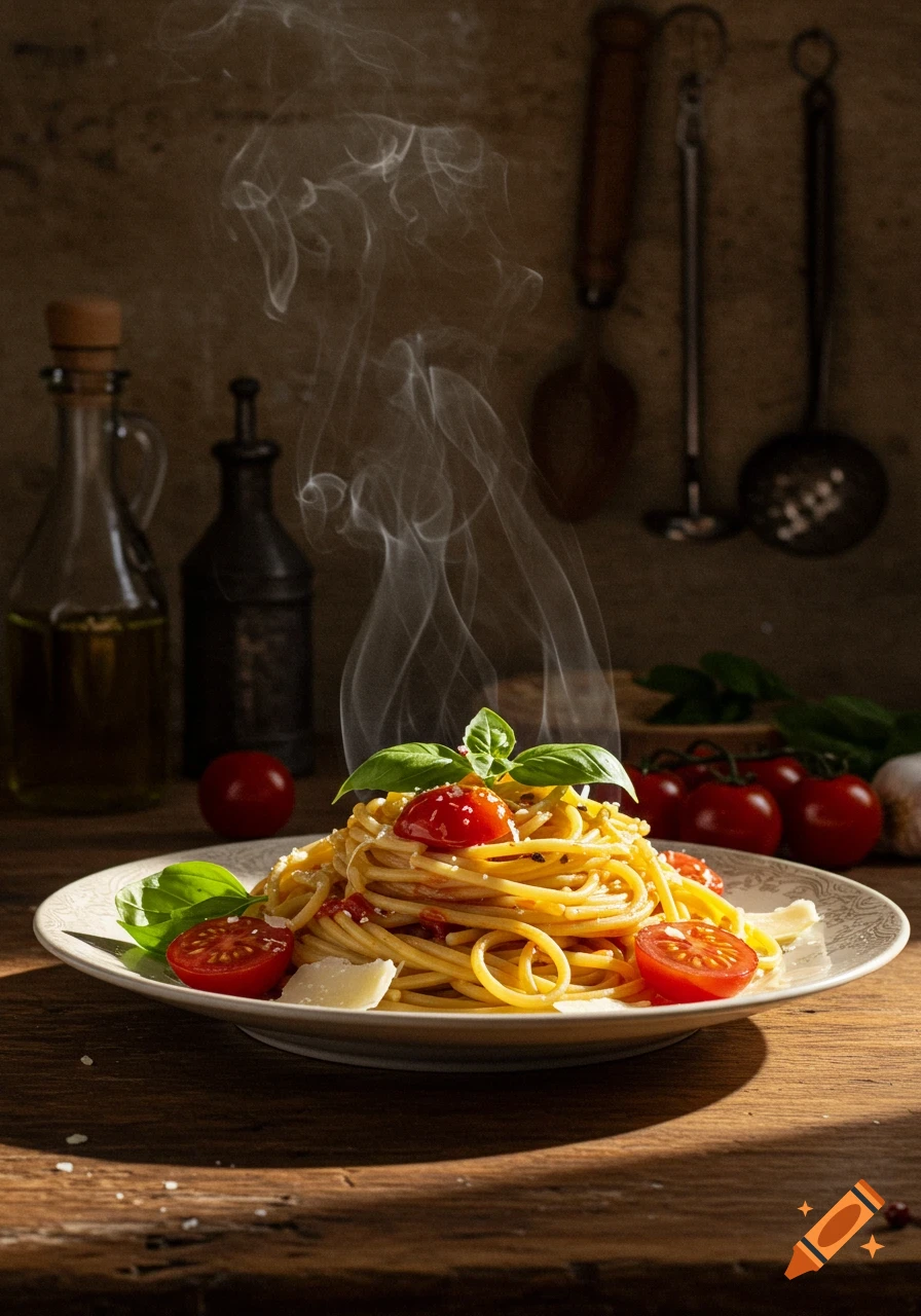 A photorealistic close-up of a steaming plate of spaghetti with cherry tomatoes, basil, and parmesan cheese in a rustic kitchen.