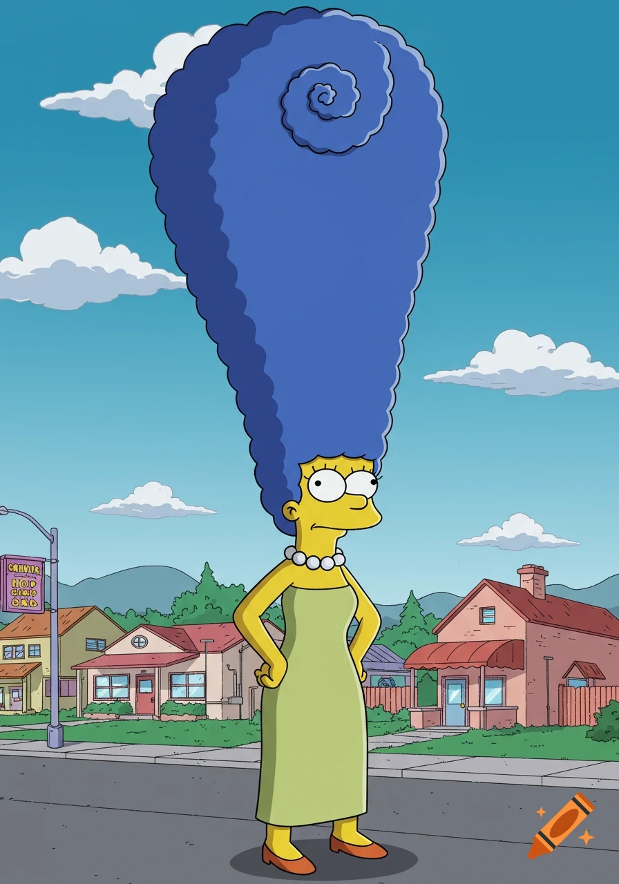 Marge Simpson with an unusually tall, blue, spiraled beehive hairstyle stands on a suburban street.
