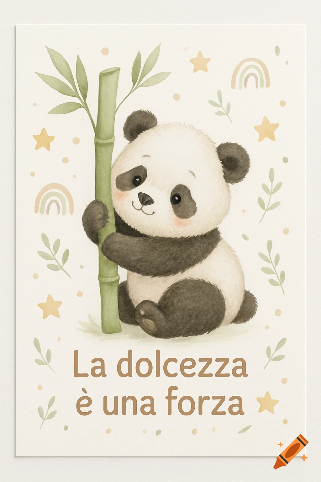Cute watercolor illustration of a baby panda hugging a bamboo stalk, with pastel decorations and the Italian text 'La dolcezza è una forza.'
