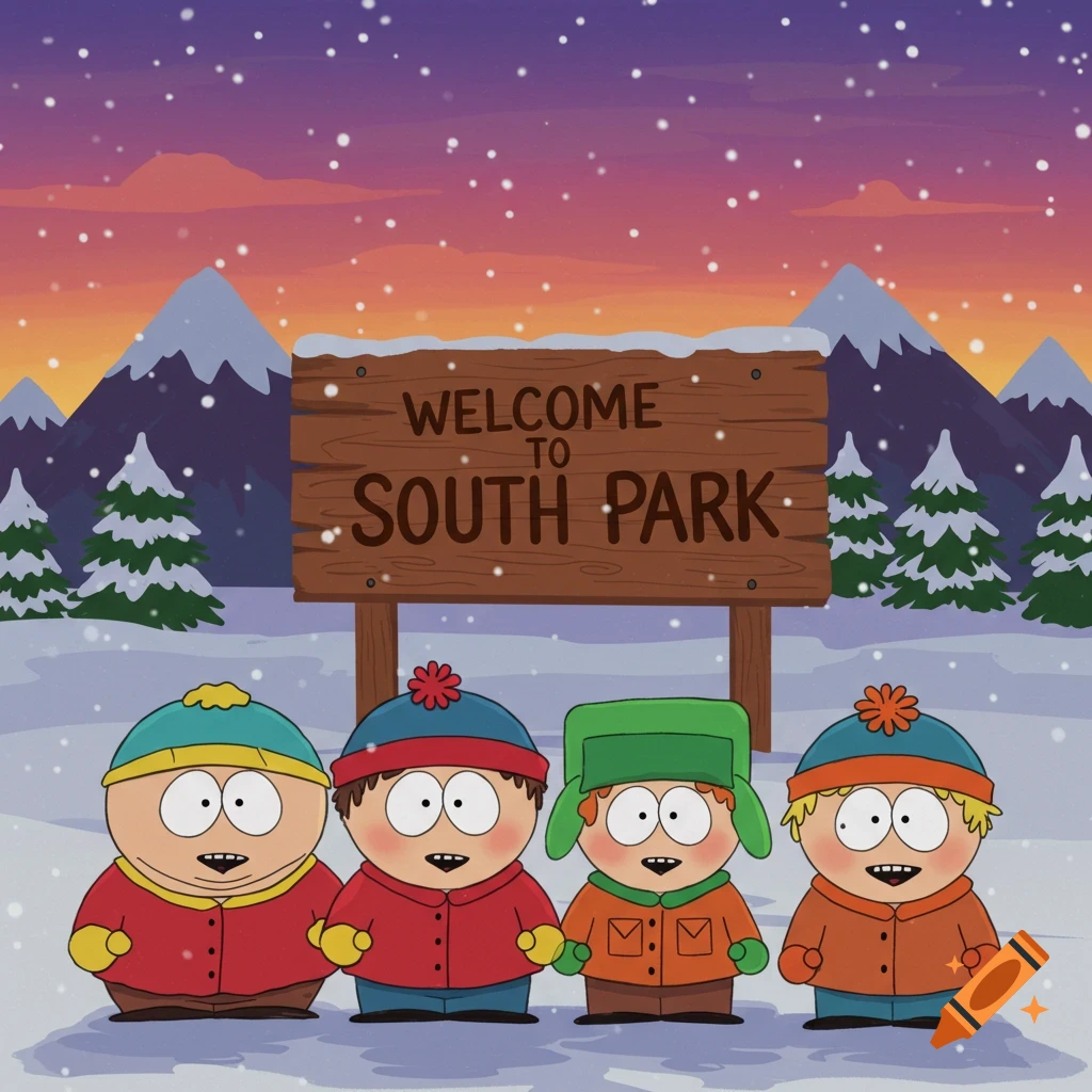 Four South Park characters stand in a snowy landscape with a "WELCOME TO SOUTH PARK" sign, mountains, and pine trees under a colorful sky.