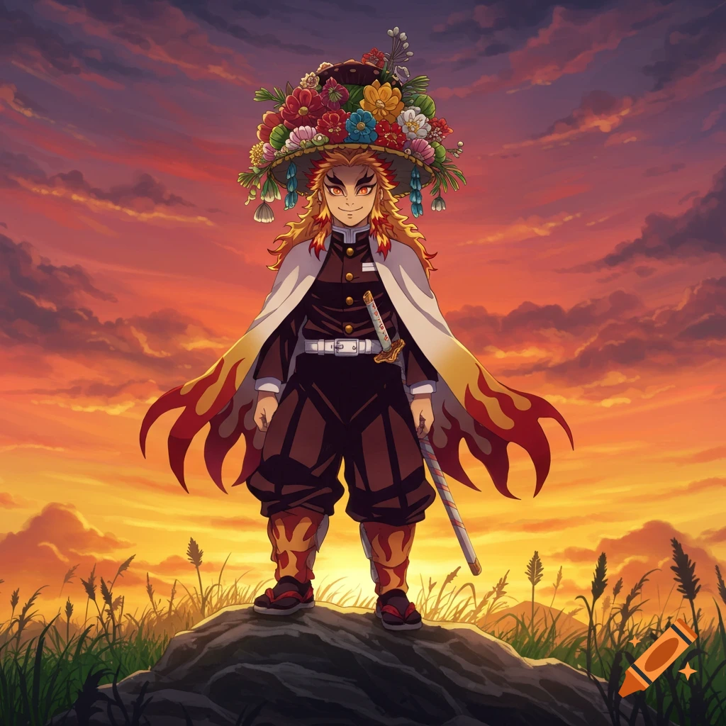 Anime character Rengoku with a large flower hat, standing on a rock against a fiery sunset, holding a sword.