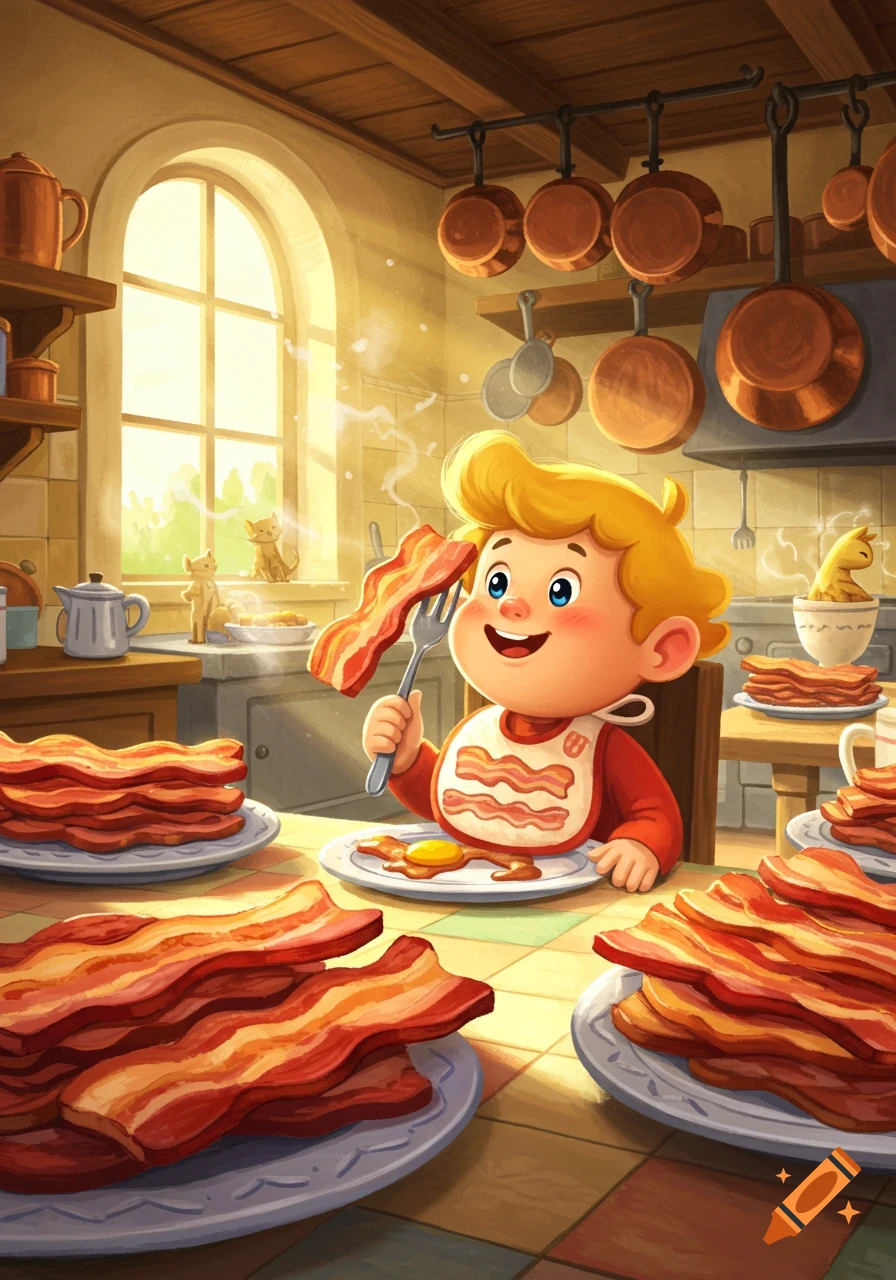 A cheerful cartoon boy in a sunlit kitchen, holding a fork with bacon, surrounded by plates of bacon and cats.