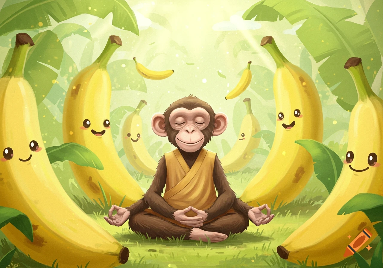 A cartoon monkey meditates in a yellow robe, surrounded by smiling bananas and green jungle leaves.
