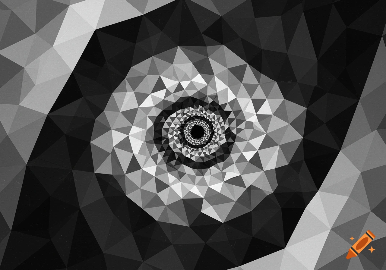 Abstract geometric spiral pattern in shades of gray and black, resembling Op Art.