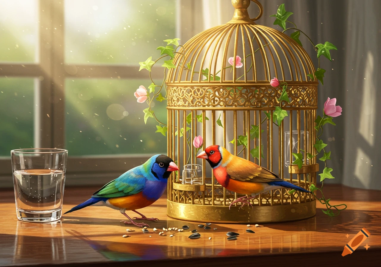 Two colorful finches on a wooden table with seeds and water, next to a golden birdcage by a sunlit window.