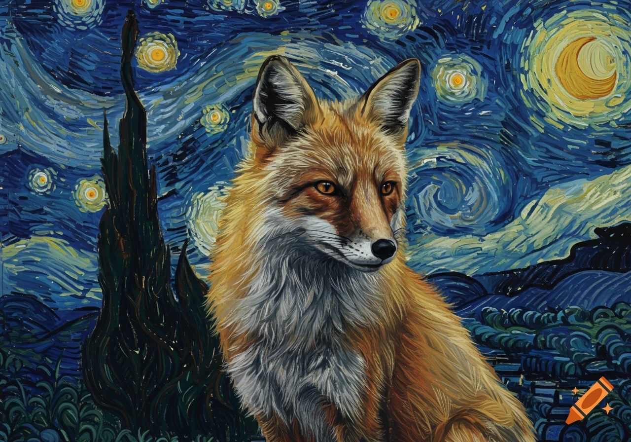 A red fox depicted in the style of Van Gogh's Starry Night, with a swirling blue and yellow night sky.